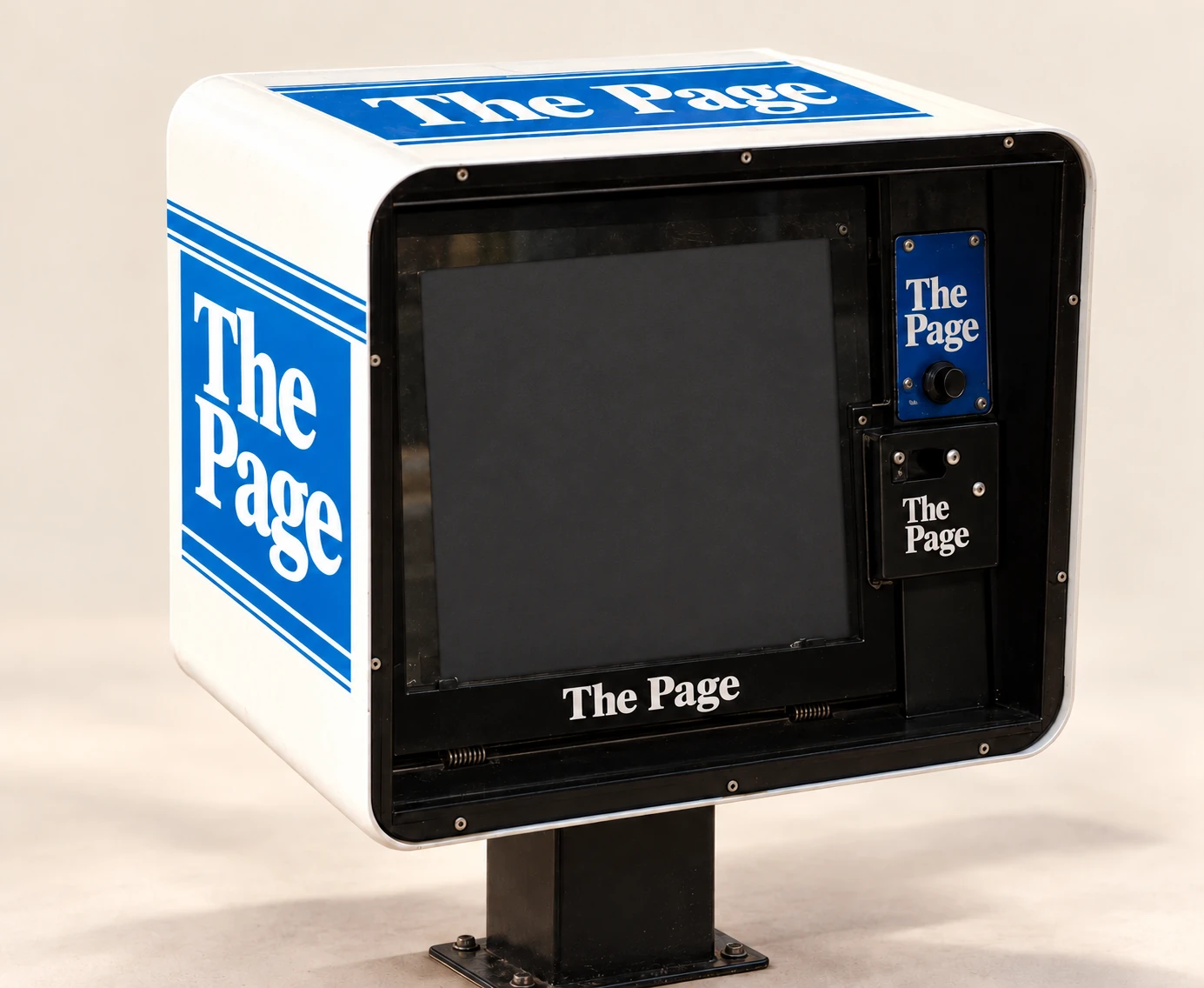 Blue and white newspaper box branded The Page