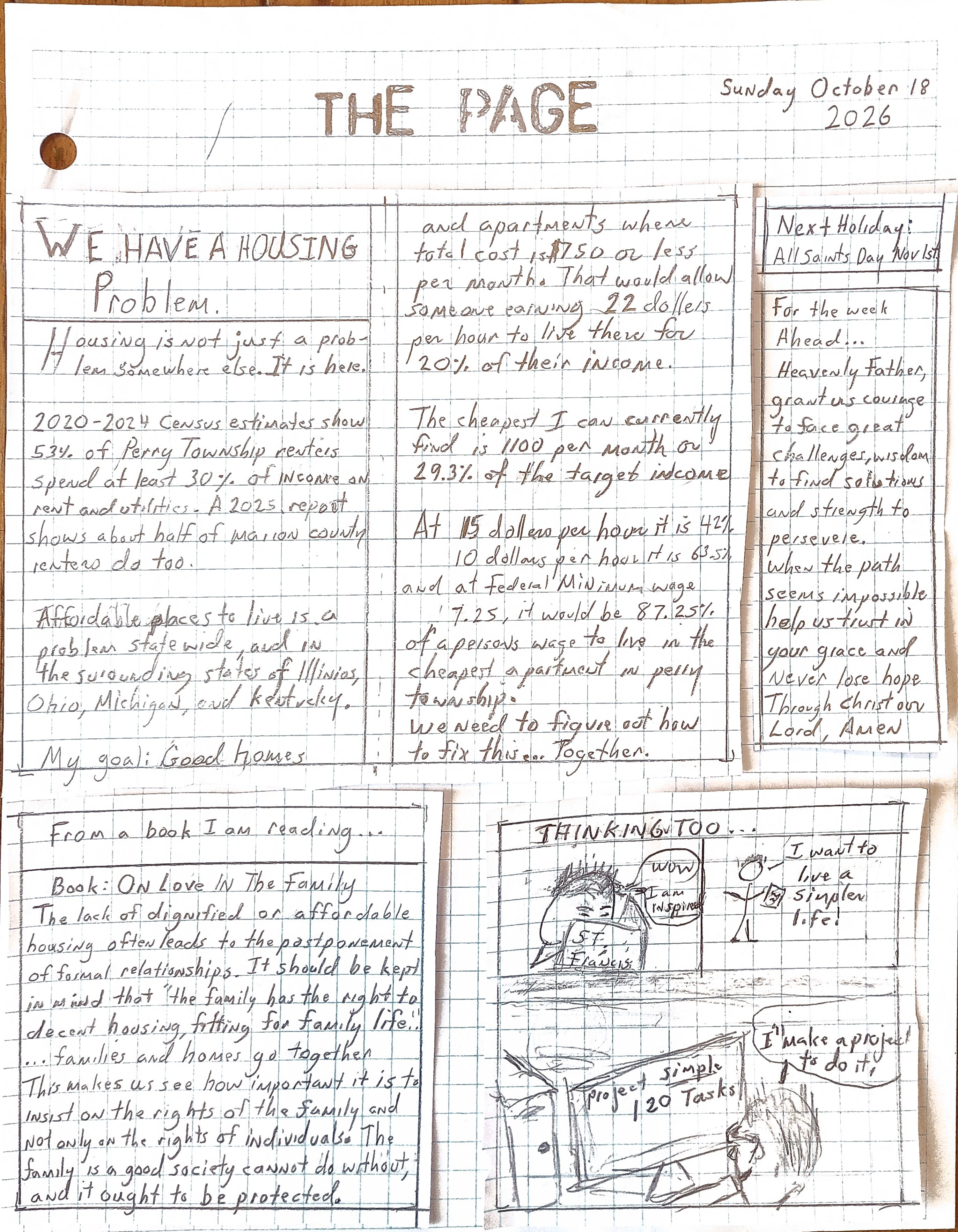 The Page, October 18, 2026. Handwritten edition about housing affordability, with a passage from On Love in the Family, a prayer for the week ahead, and a three-panel comic.